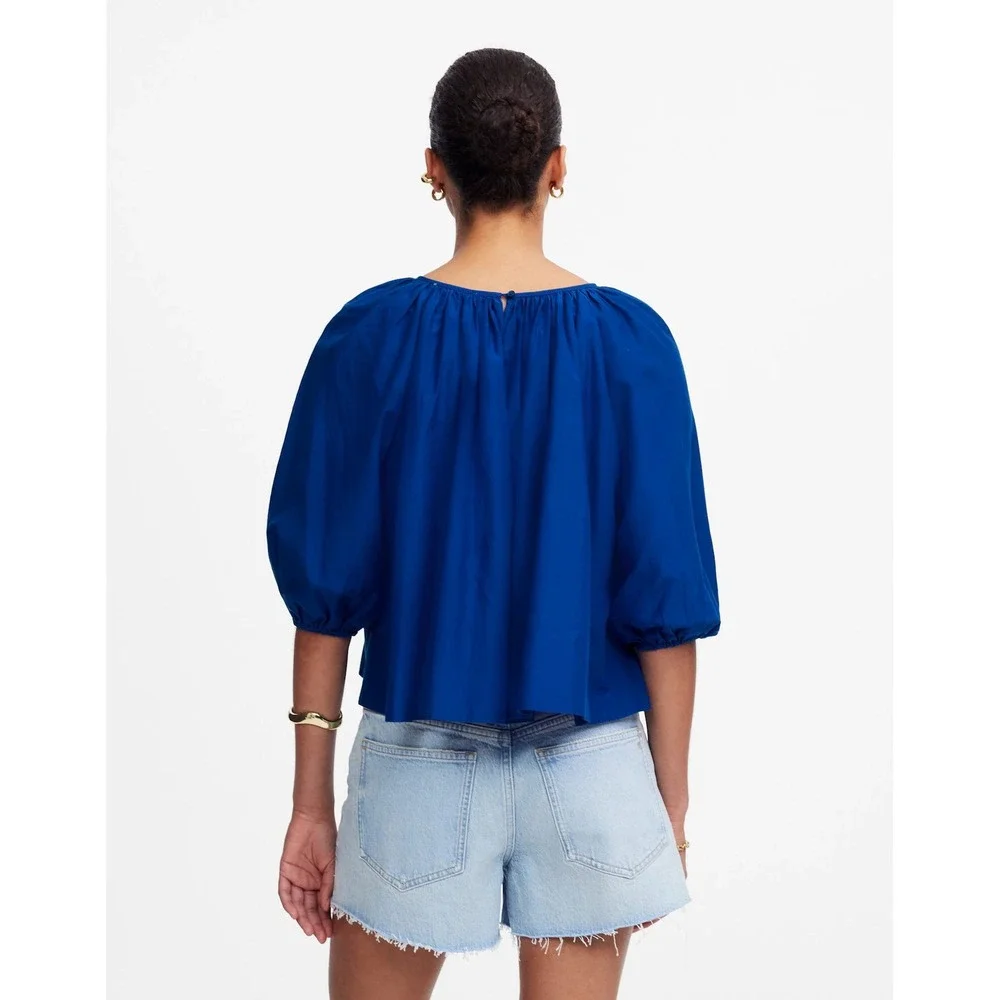 Madewell‎ Shirred Puff-Sleeve Top in Cotton-Silk Voile Bright Sapphire Small NWT